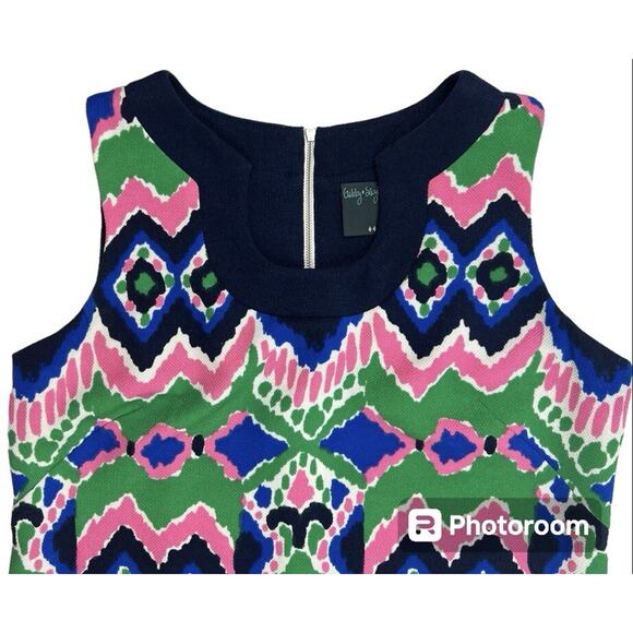 Gabby Skye Dress Womens 14 Pink Green Blue Ikat Print Shift Sleeveless - Picture 5 of 11